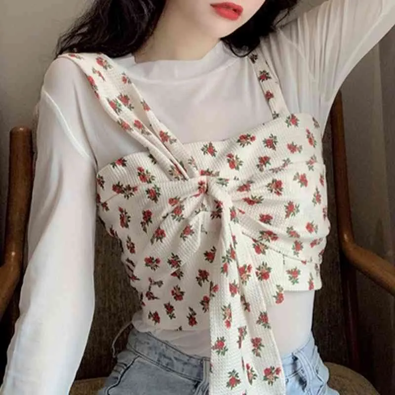 Ezdgaga Dwuczęściowe Zestaw Kobiety Nieregularne Zbiornik Topy Znosić Koreański Moda Wewnątrz Koszulki Sexy Kwiatowy Drukowane Camis Casual 210430