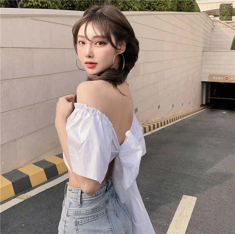 Large Bow Back Design Blouse Short Trim with Short-sleeved Shirt Summer Korean Version of The White Top 210529