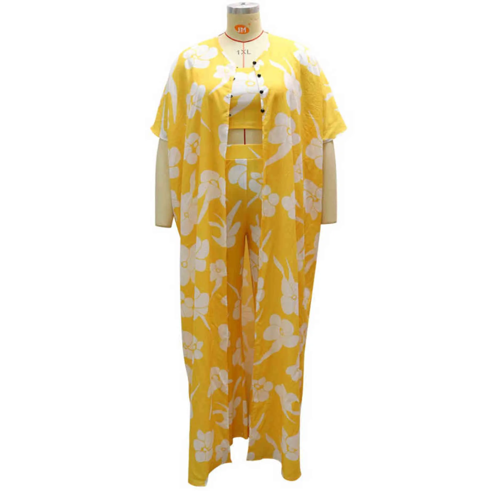 4xl 5xl plus size calças conjuntos para mulheres amarelo floral impresso outono solto batwing manga moda elegante noite 211115