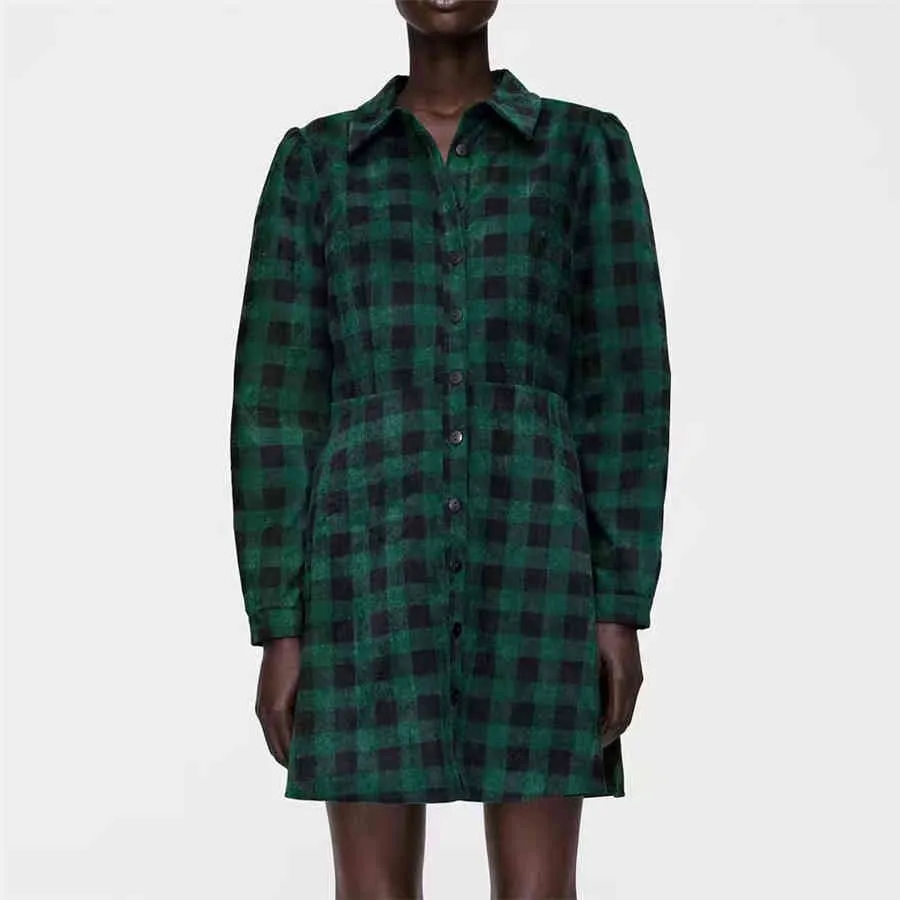 Streetwear Women Plaid Dresses Fashion Ladies Slå ner Collar Shirt-Klänning Elegant Kvinna Chic Button Mini Vestidos 210427