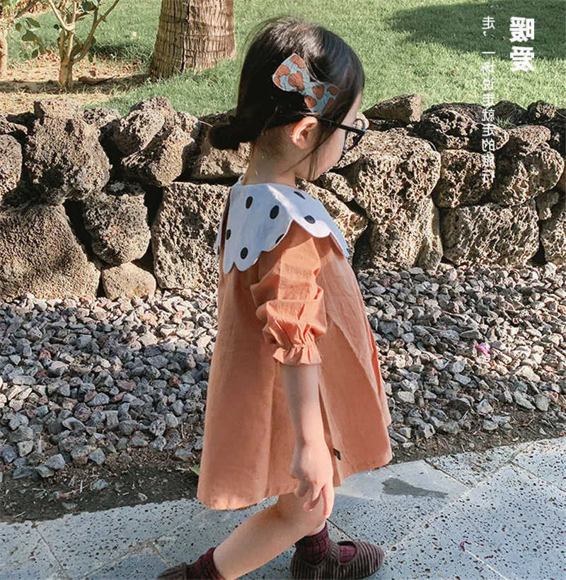 Wiosna Jesień Girls Cute Długi Rękaw Princess Dress Dzieci Dzieci Dot Turn-Down Casual Suknie Koreański Styl 210615