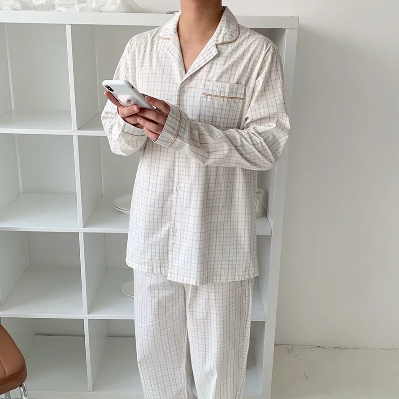White Minimalist Plaid Cotton Square Collar Chic Loose All Match Puff Sleeves Sweet Pajamas Sets Home Clothes 210525