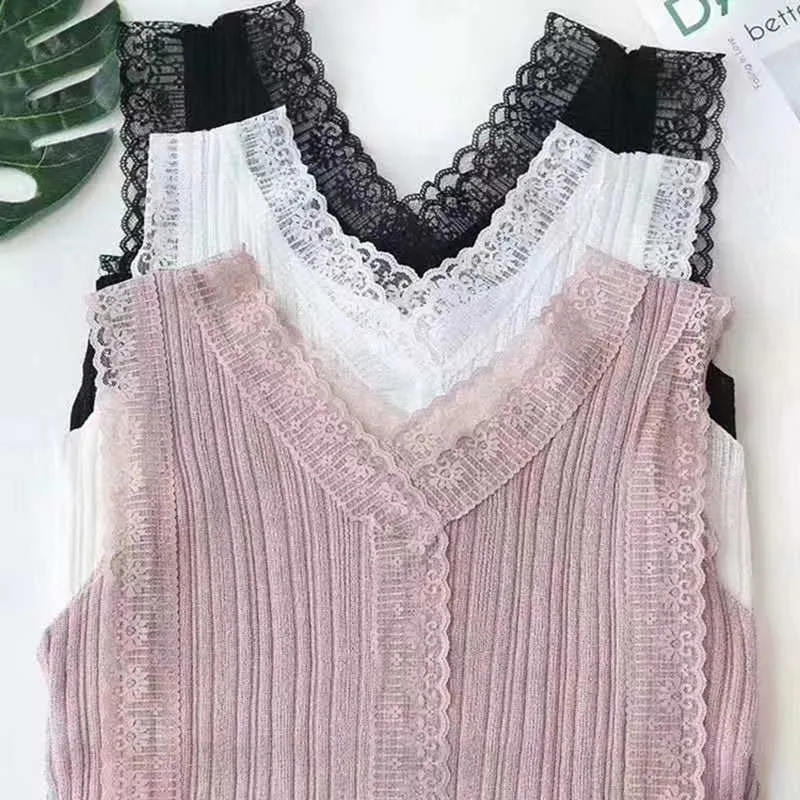 Taglie forti S-4XL Moda Crochet Hollow Lace Canotte Donna Estate Senza maniche Scollo a V Canotte femminili Camis Top in maglia Vest 14206 210527