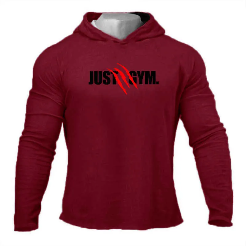 Mens Hooded T-shirt Vår Slim Fit O Neckt-shirt Män Sport Running Långärmad Gym Bodybuilding Tee Toppar Fitness Tshirt 210629
