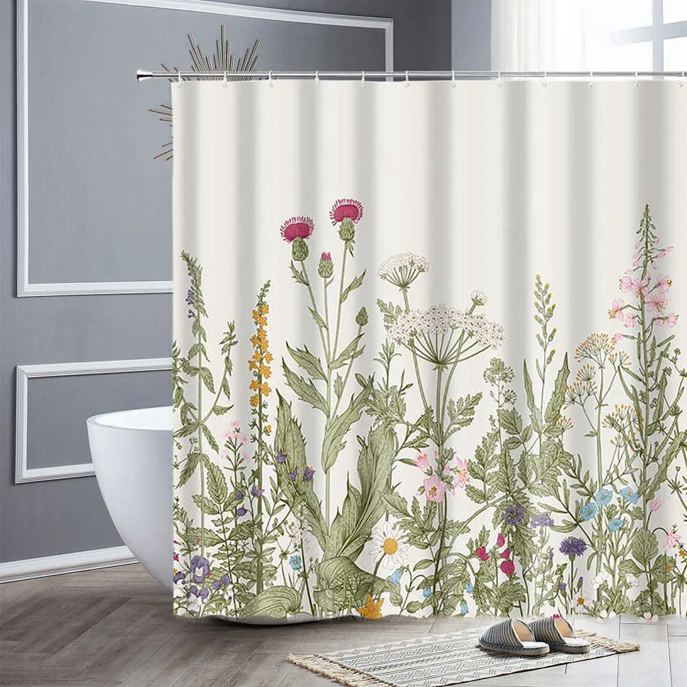 Rideaux de douche imperméables fleurs colorées papillon printemps paysage naturel salle de bain décor maison crochets en tissu ensembles de rideaux de bain 210915