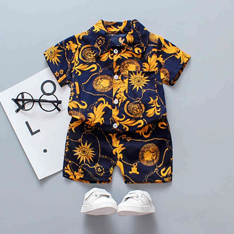 아기 소년 꽃 인쇄 옷 세트 여름 짧은 소매 셔츠 탑 팬츠 젠틀먼 1 2 3 4 5 년 어린이 홀리데이 해변 복장 210522277Q