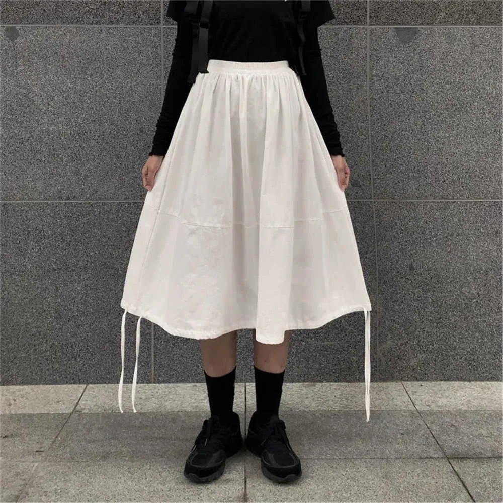 Half-Length Pleated Skirt Female White Korean High Waist Mid-Length A-Line Skirt Elastic Waist Drawstring Umbrella Long Skirt 210619