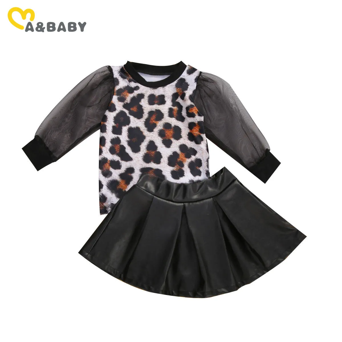 6m-5y peuter baby baby kid meisjes kleding set herfst kant luipaard tops PU lederen rokken outfits kind kostuums 210515