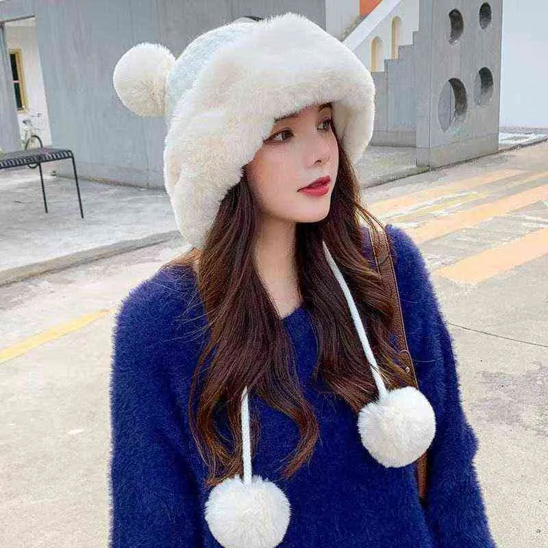 Bola de lana de color caqui Russsian Snow Winter Fluffy Plush Sombrero de piel gruesa Faux Fox Furry Cap Head Warmer Outdoor Headgear Mujeres Chica Hombres Y21111