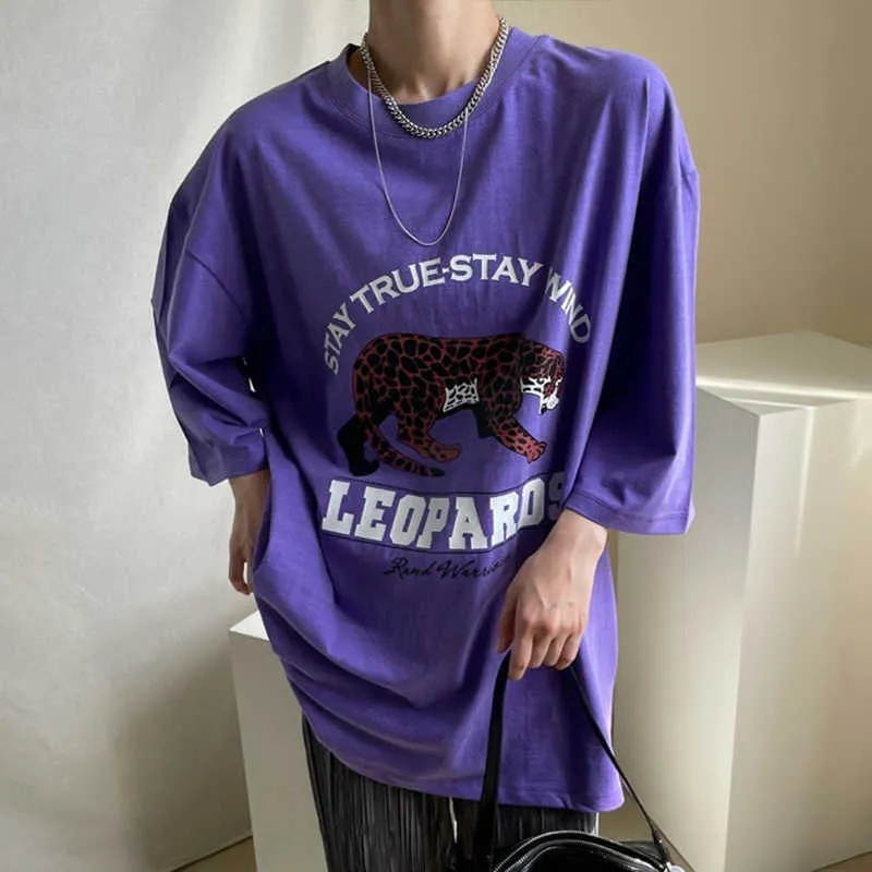 Korejpaaの女性Tシャツ夏の韓国のシックなすべてのラウンドネックヒョウレター印刷緩いカジュアル大版プルオーバー210526