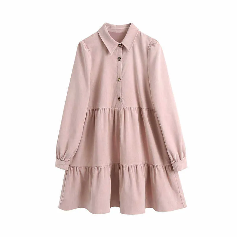 Za Corduroy Chemise Robe Femmes À Manches Longues Collier De Revers Vintage Bureau Lâche Mini Robes Femme Hiver Plissé Rose Robes 210602