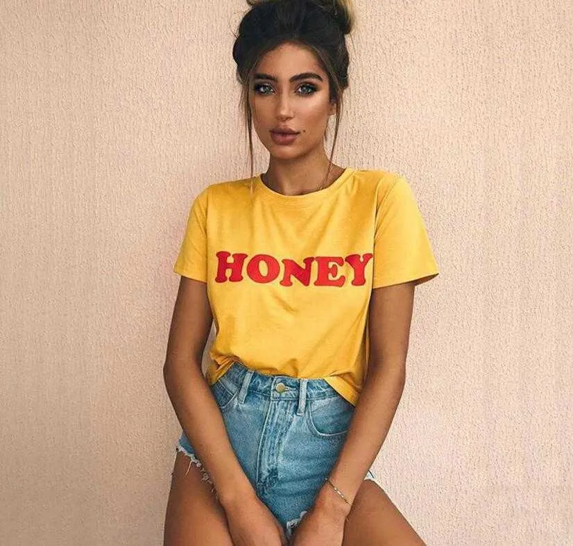 HONEY Red Letters Print Cotton Casual Funny T Shirt for Lady Top Tee Hipster Tumblr Women Summer Fashion Graphic 210607