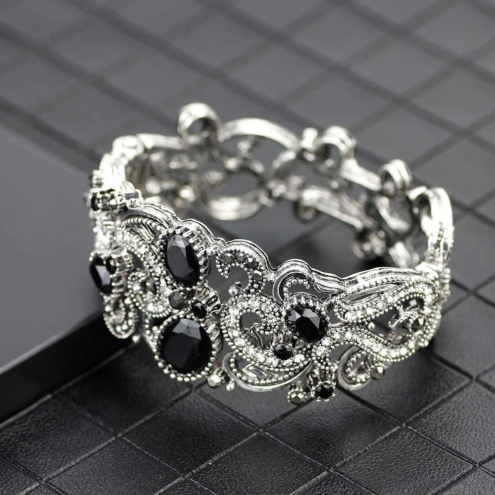 Sunspicems Rétro Noir Cristal Vintage Bracelet pour Femmes Turc Manchette Bracelet Ethnique Banquet Bijoux Antique Or Argent Couleur Q0719