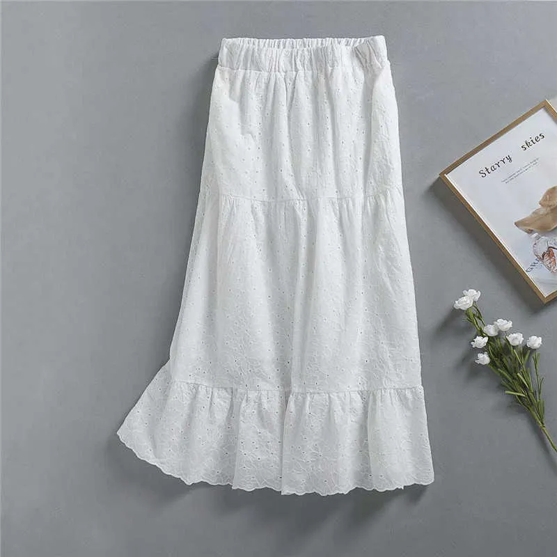 Za Openwork Embroidered Midi Skirt Women Cotton High Waist Embroidery Summer Skirt Woman Fashion Elastic Waist White Skirts 210602
