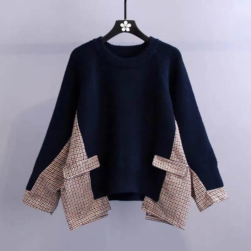 H.SA Sueter Mujer Women Sweater and Pullovers Plaid Pocket Patchwork Knitted Sweaters Oversized Beige Jumpers Loose Tops 210417