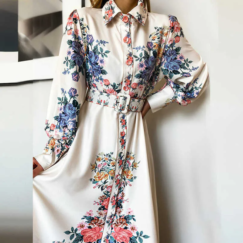 Женские платья ретро напечатаны Maxi ES с длинным рукавом одиночный погружной ремень винтаж плюс размер дамы ES 210524