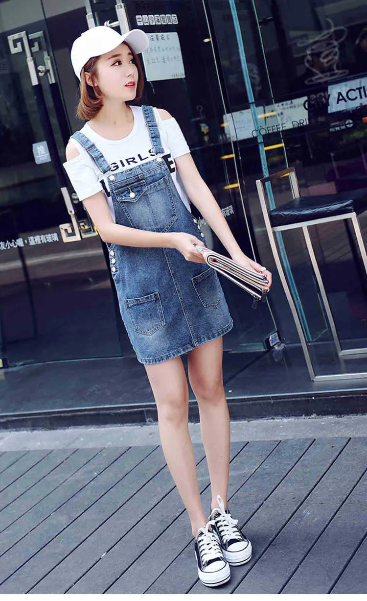 Frauen Jeans Hosenträger Kleid Sommer Mini Lose A-linie Kurze Casual Multi-tasche Verstellbaren Riemen Blaue Overalls 210604