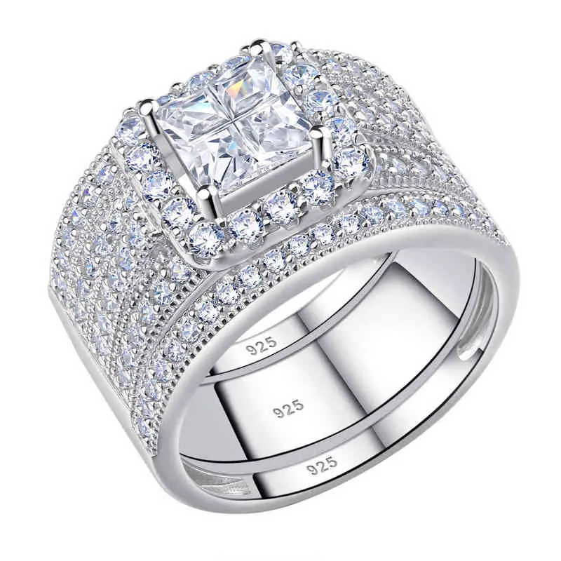 Она обручальные кольца для женщин солидные 925 стерлингового серебра стерлингового серебра привлечение свадебные набор идеальный принцесса вырезать AAAAA Zircons ювелирные изделия 211217