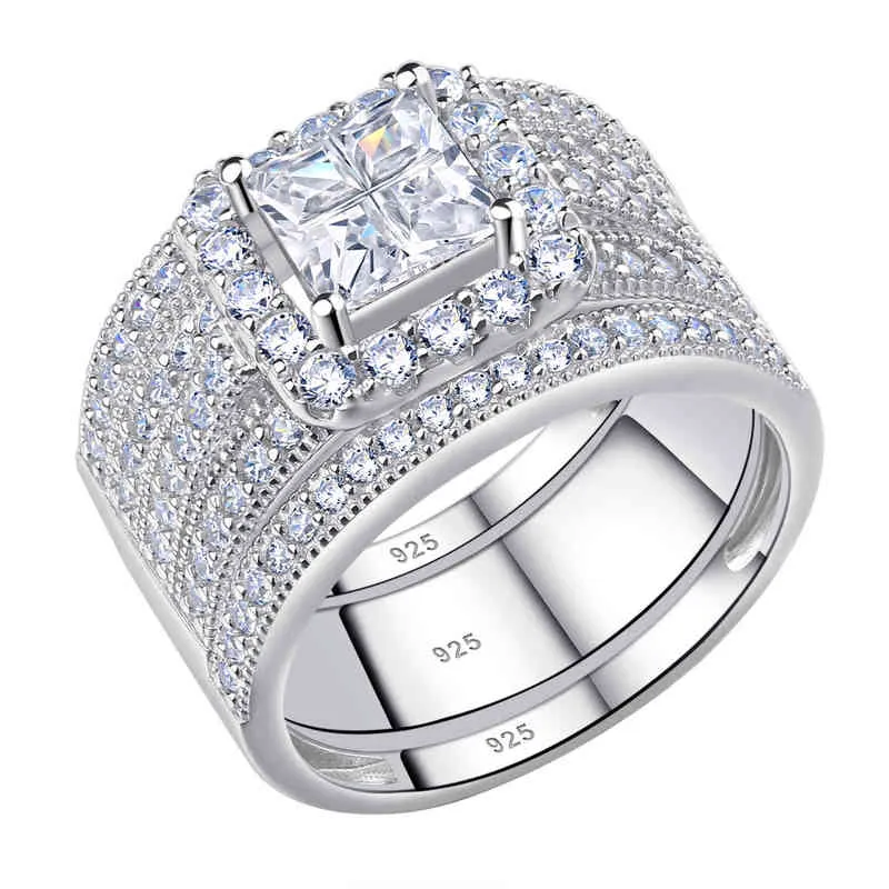 lei Fedi nuziali le donne Anello di fidanzamento in argento sterling 925 massiccio Set da sposa Perfect Princess Cut Gioielli con zirconi AAAAA 211217