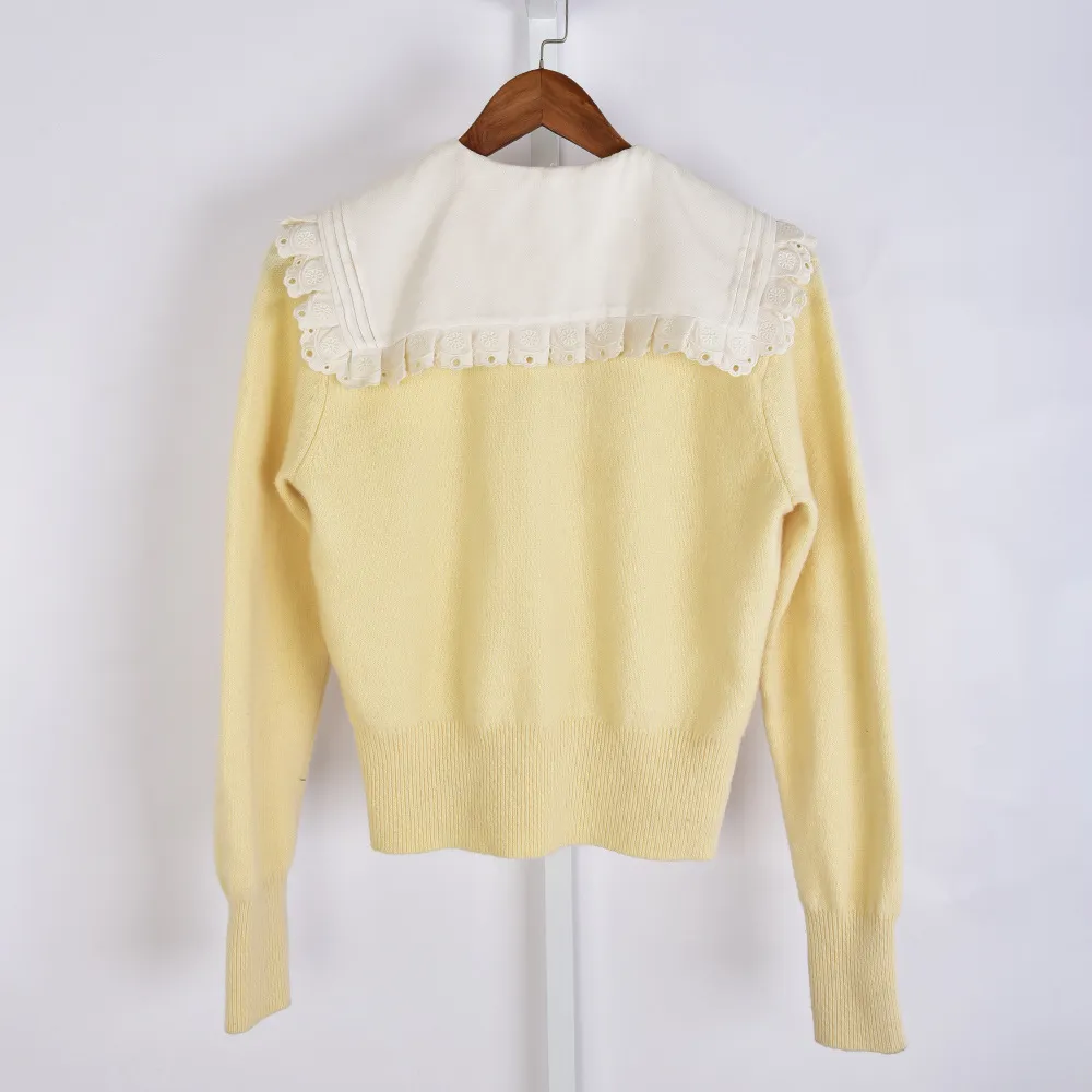 2021 automne automne manches longues col claudine jaune contraste couleur laine tricoté broderie lambrissé pull style tricoté t-shirts femmes mode tricots hauts G1212010