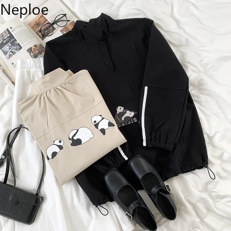 Neploe Half Zipper Stand Neck Sweatshirt Frauen Lose Beiläufige Übergroße Outwear Streetwear Niedlichen Panda Parint All-match Hoodies 210422