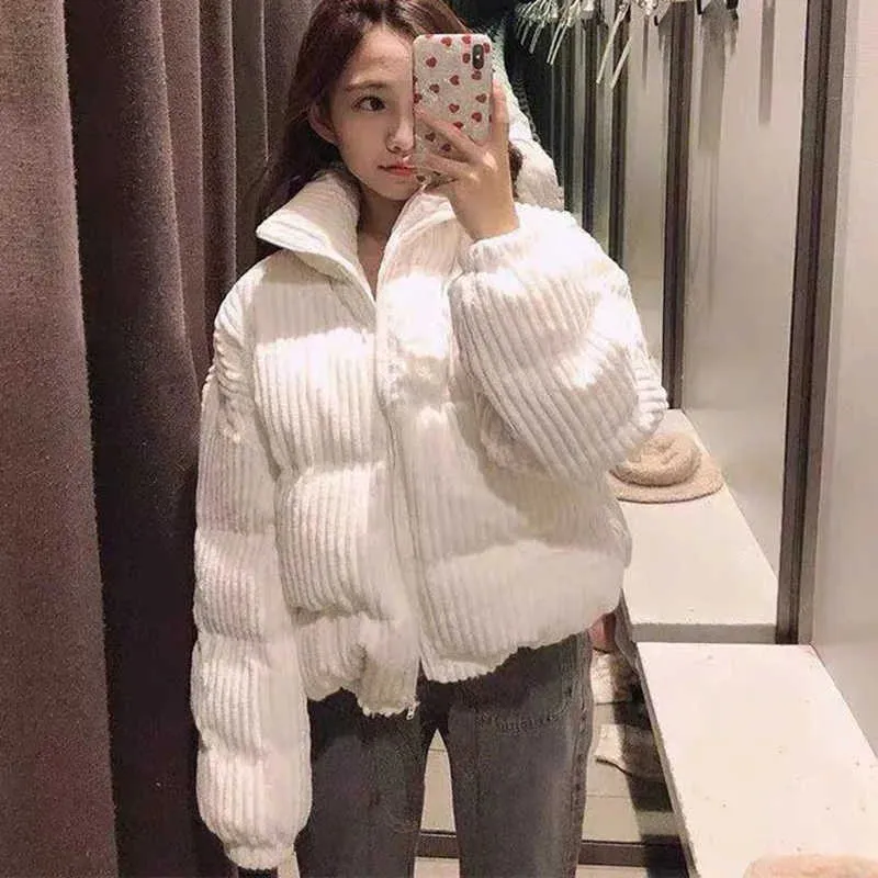 Lucyever inverno engrossar jaqueta quente mulheres coreano stand colarinho corduroy parkas cor-de-rosa azul algodão-acolchoado casaco curto 211013