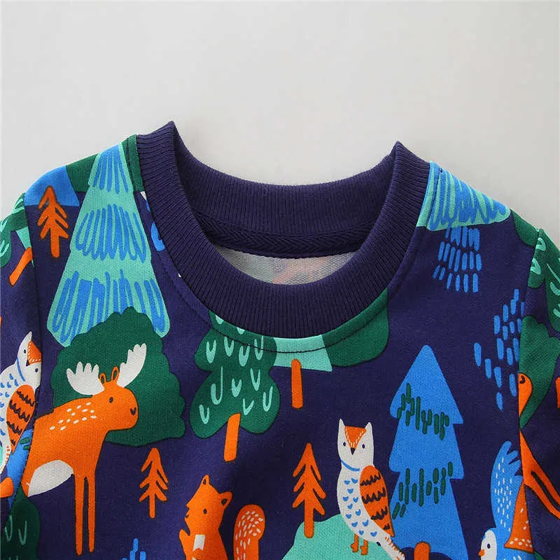 跳躍メーター森の動物プリント子供スウェット綿秋の子供のスポーツシャツの男の子の衣装210529