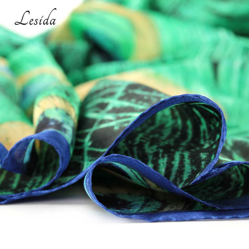 LESIDA Luxury Brand Donna Scialle di seta verde Scialle di piume di pavone Stampa Sciarpe di grandi dimensioni Echarpes Femme Cachecol Foulards 180 * 90CM 3004 Q0828