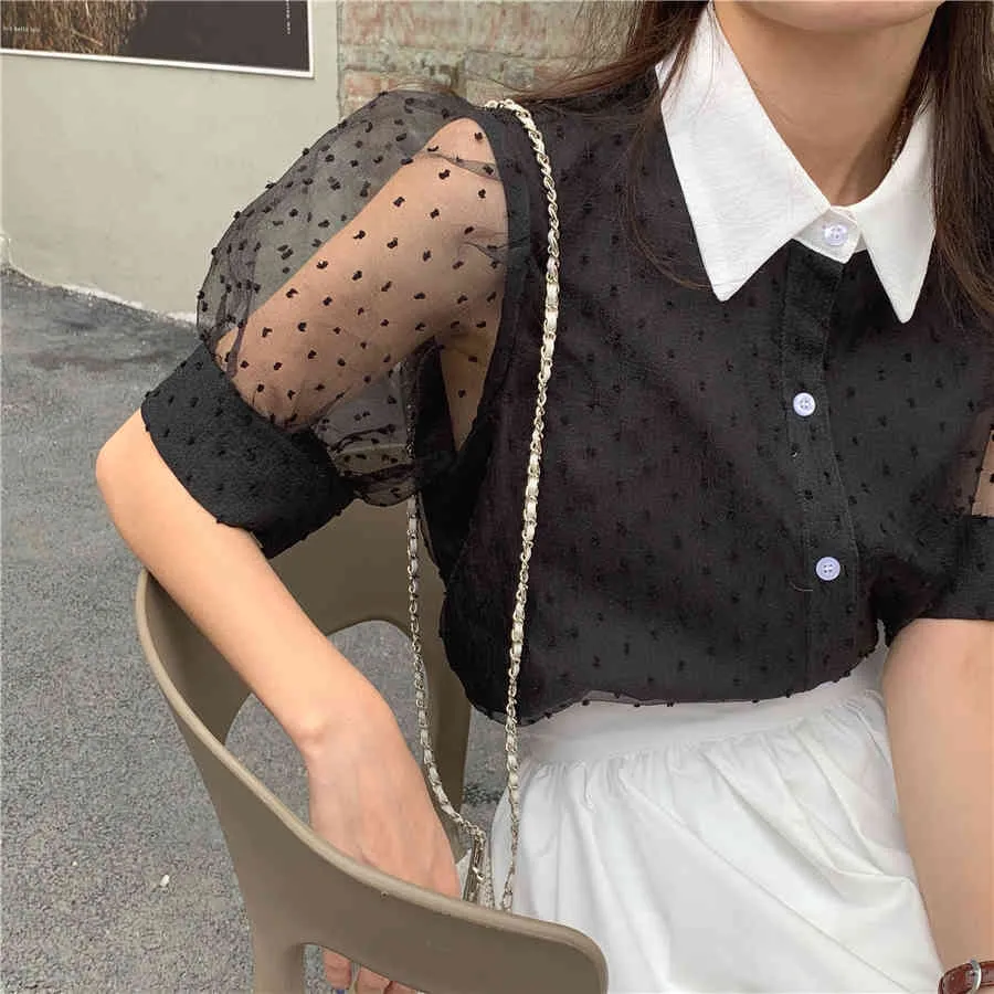 Color-Hit Polka Dots Chic Gentle Femme T Shirts Puff Sleeves Koreanska Sommar Toppar Alla Match Sweet Loose Blouses 210525