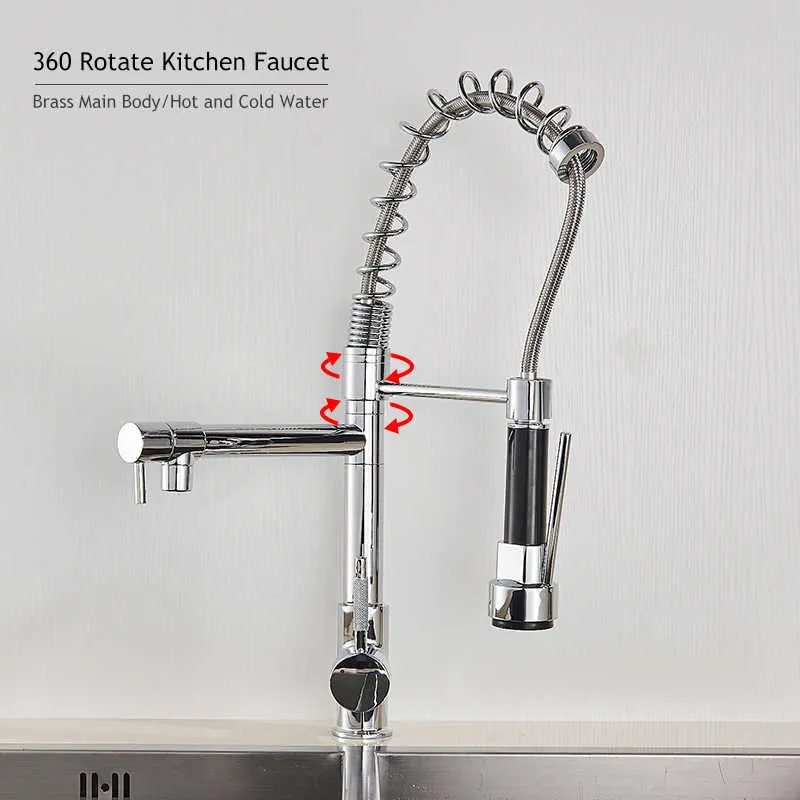 Dek Installatie Chrome Lente 360 ​​Roterende Douche Keuken Kraan Kraan en Koud 2 Waterveer Keuken Tap Sink Mixer 210724