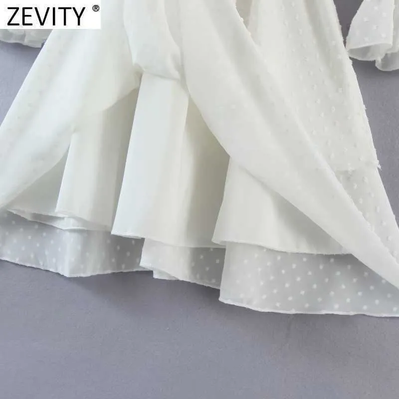 Zevity Women Sexy V Neck Knitted prickar Stitching Chiffon Klänning Kvinnlig Chic Puff Sleeve Elastiska Midja Slim Ruffles Vestidos DS8347 210603