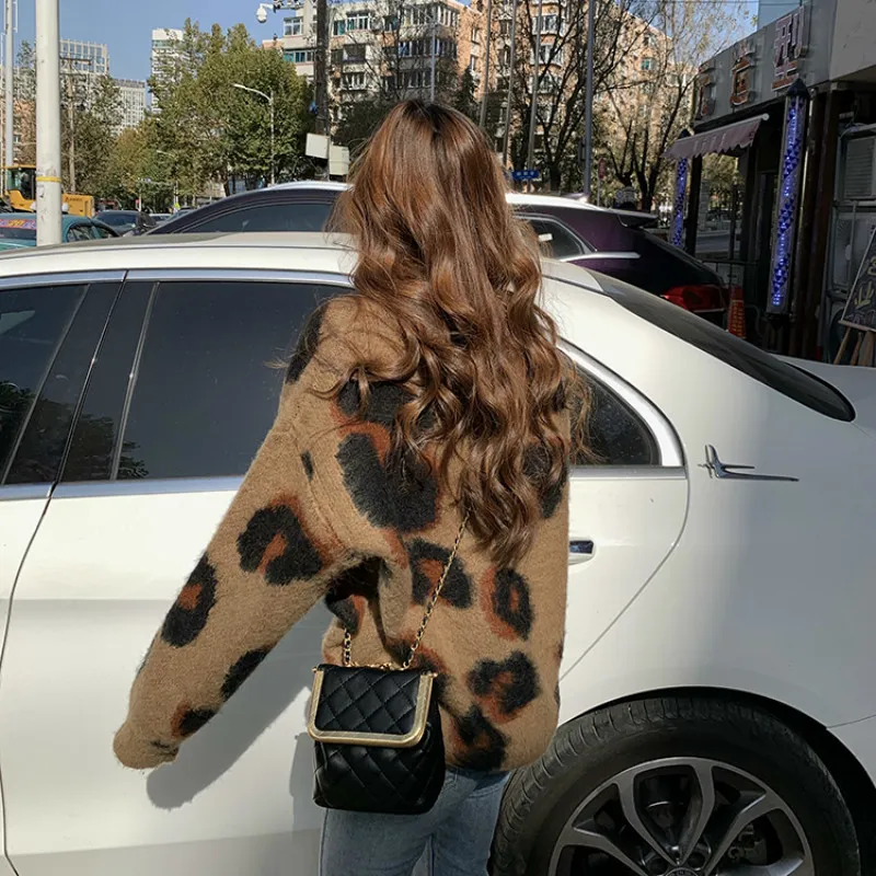 Kimutomo Leopard Women Sweater Autumn Retro V-neck Full Sleeve Knitted Pullovers Ladies Fashion Tops Outwear Loose 210521