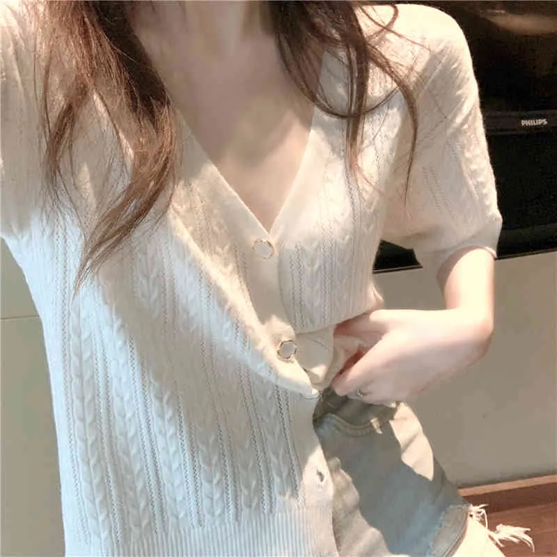 夏のねじれたニットTシャツトップスの女性半袖Vネックシングルブレスト薄いティービンテージファッションエレガントな女性Tシャツ210513