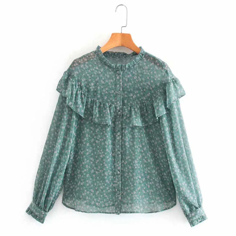 Za Ruffle Print Chiffon Blouse Women Fashion O-neck Long Sleeve Transparent Shirts Woman Front Button Vintage Top 210602