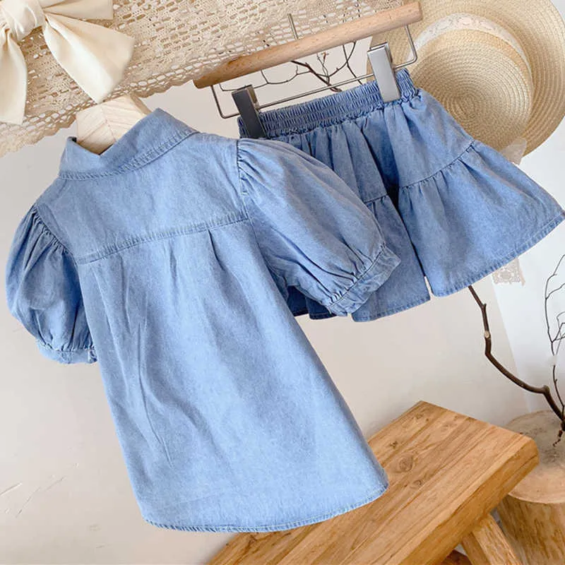 Girls Clothes Set Fashion Summer Puff- Sleeve Top +Denim Skirt Sweet Toddler Kids 210611
