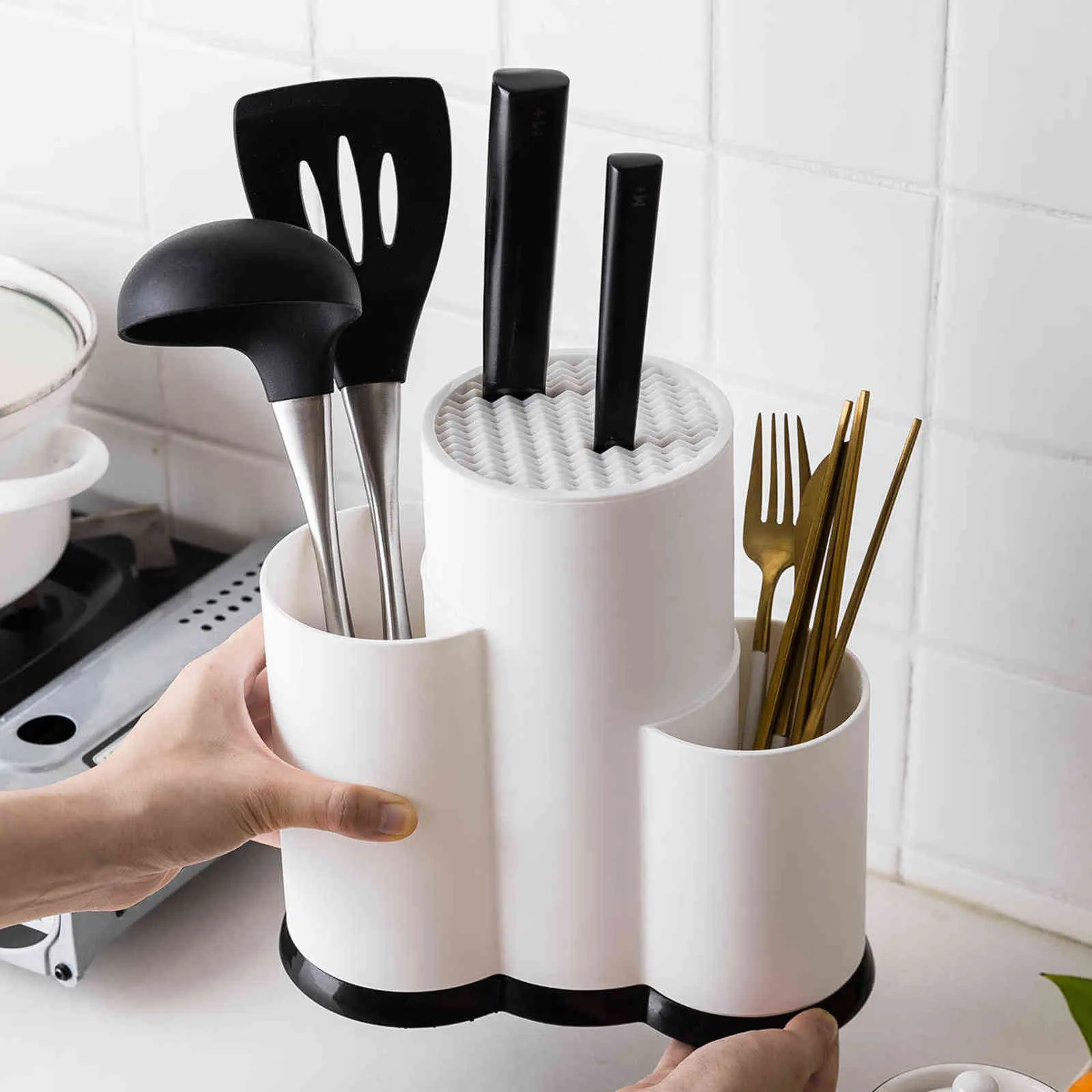 MDZF Sweethome Kitchen Multi-Function Utensil Holder Kniv Block PP Beställningsinställd Dränering Lagring Box Matlagningsverktyg Organizer Rack 211112