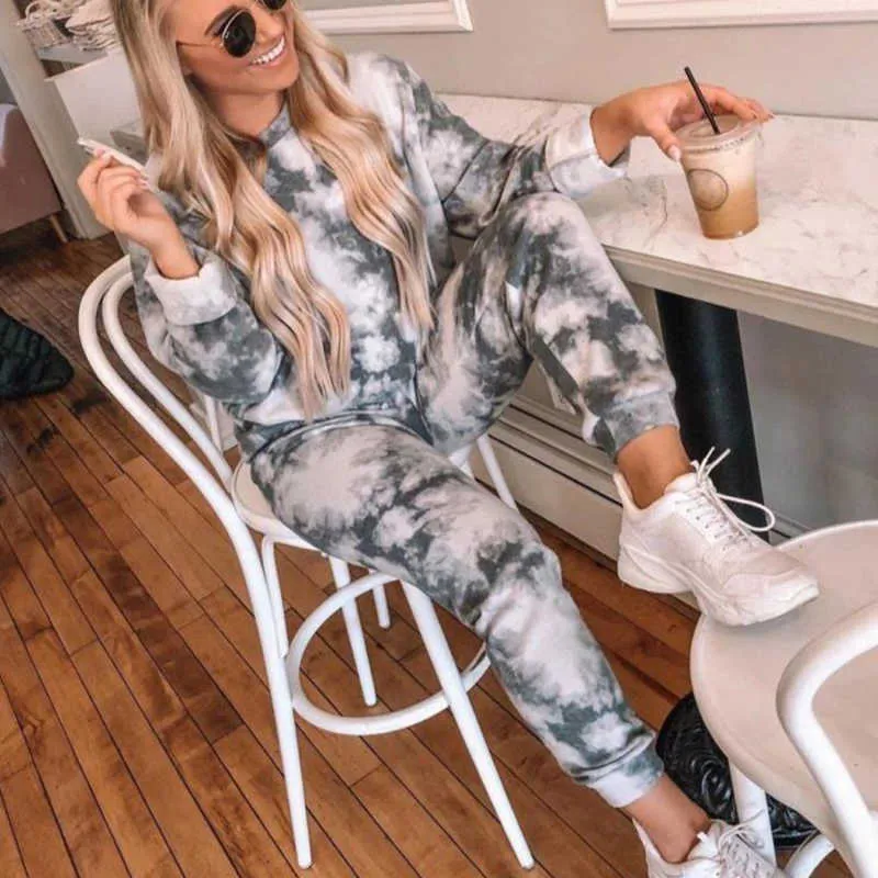 Kvinnor Casual Tie Dye Tracksuit Pijama Hem Två Piece Set Lounge Wear Sweatshirts Suit Loose Outfits Ropa Mujer Höstkläder 210930