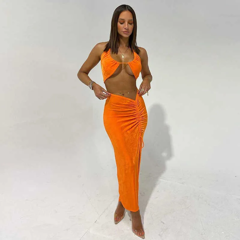 Conjunto de dos piezas de ropa de calle naranja neón a la moda, chándal para mujer, camisola con cuello Halter + faldas con cordón Midi, conjunto a juego, trajes femeninos 210625