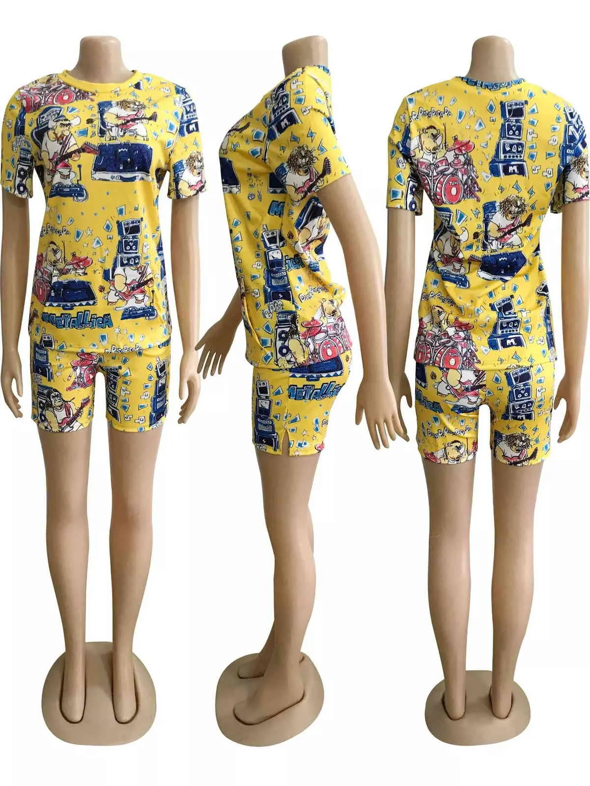 Tuta Cartoon Pattern Stampa Allenamento casual Abbigliamento attivo Donna Due pezzi Set manica corta T-shirt anni '90 Tee + Biker Shorts 210525