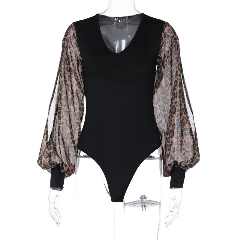 CNYISHE Sexy Leopard con scollo a V Tute Donna Pagliaccetti Manicotto a lanterna Tute estive Aderente Tute attillate Corpi interi Top 210419