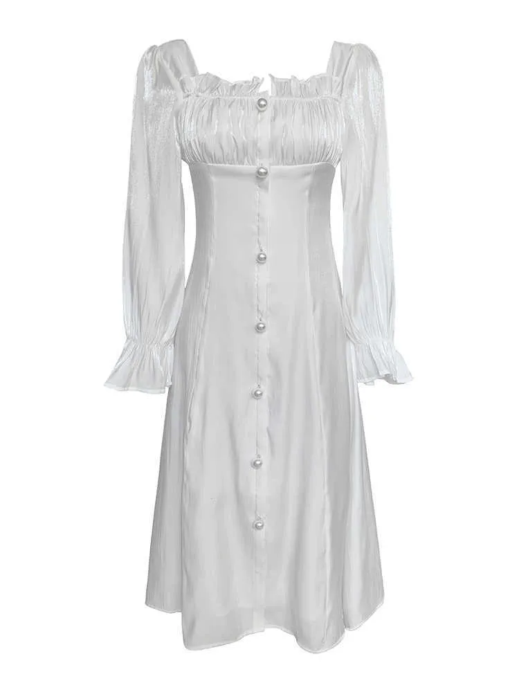 Vintage Sqaure Cou Solide Robe Blanche Élégante Dames Robes Robe De Style Européen Belle Robes 210608