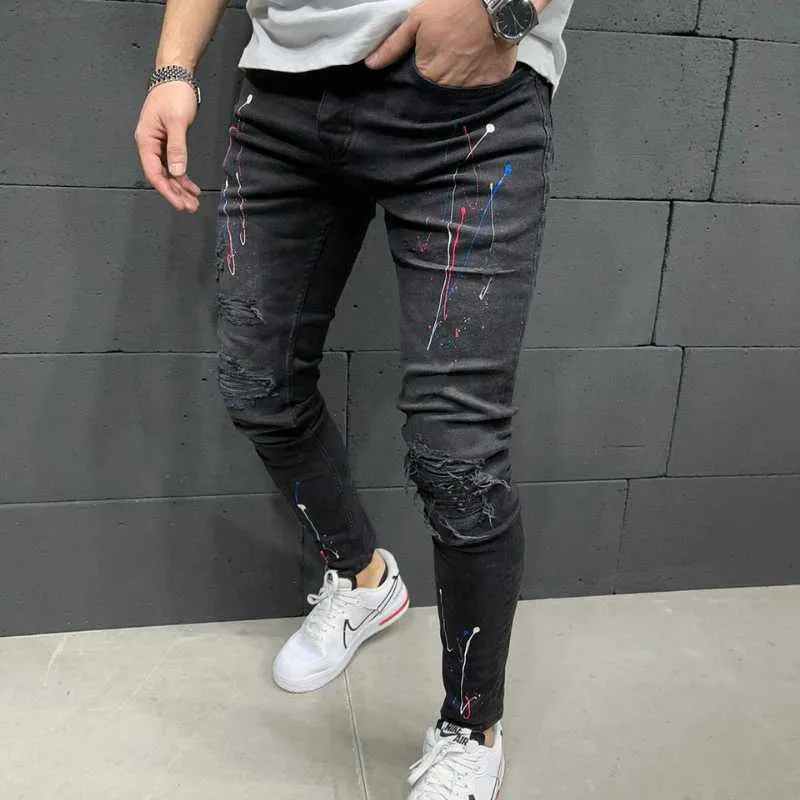 Jeans strappati Uomo Skinny Black Pencil Pants Moto Biker Party Casual Hole Jean Colore mendicante Pantaloni denim Uomo 210716