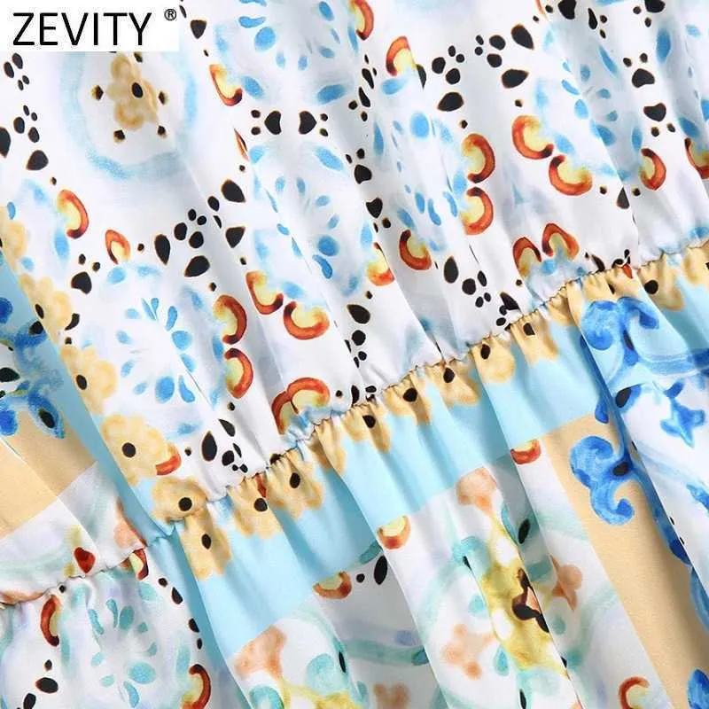 Zevity Women Vintage V Neck Cloth Patchwork Drukuj Mini Koszula Sukienka Kobieta Chic Piersi Elastyczny Talia Retro Vestidos DS8398 210603