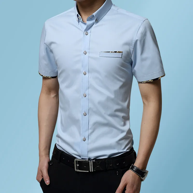 Solid Shirt Mens Summer Casual Slim Formal Shirts Men Work Business Brand Camisas Patchwork Short Sleeve Chemise Homme 19+Colors 210524