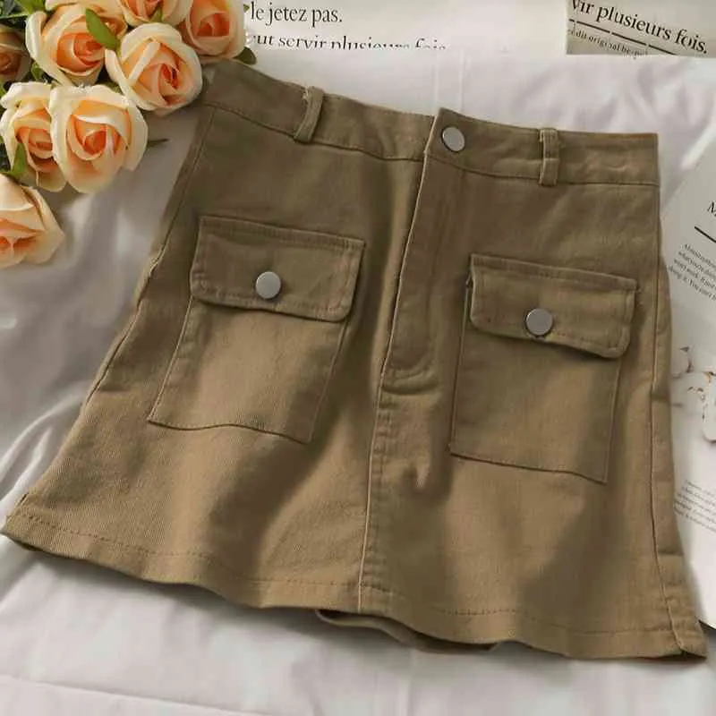 Kimutomo Vintage Sommar Shorts Kvinnor Solid Färg Koreanska Högt midja Slimming Fickor Denim Shorts Kjolar Chic Fashion 210521