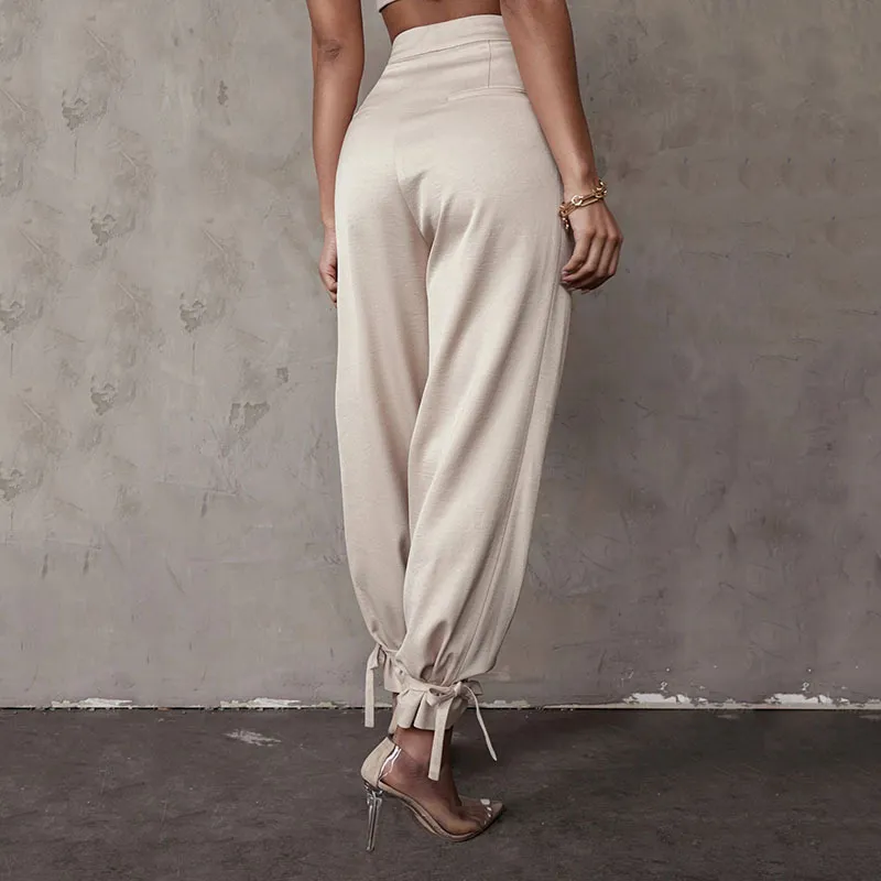 Spring Autumn European And American White Women's Ins Trousers Loose High Waist Tie Feet Casual Harem Pants 210514