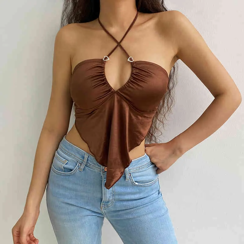 Brauner Satin Sexy Bandage Halter Cami V-Ausschnitt Y2K Crop Top Runched Spaghetti Strap T-Shirt Frauen Neuer Trend Party Shirt Beachwear 210415