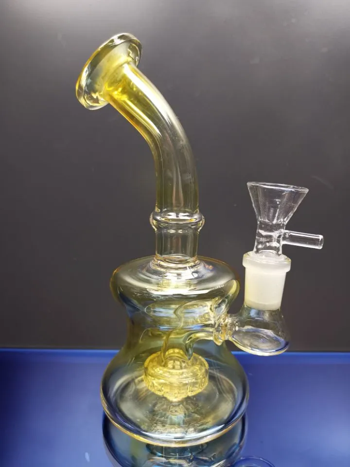 Yellow glass bongs oil burner water bong percolator bongs with bowl recycle oil rigs hookah with 14.4mm joint zeusartshop