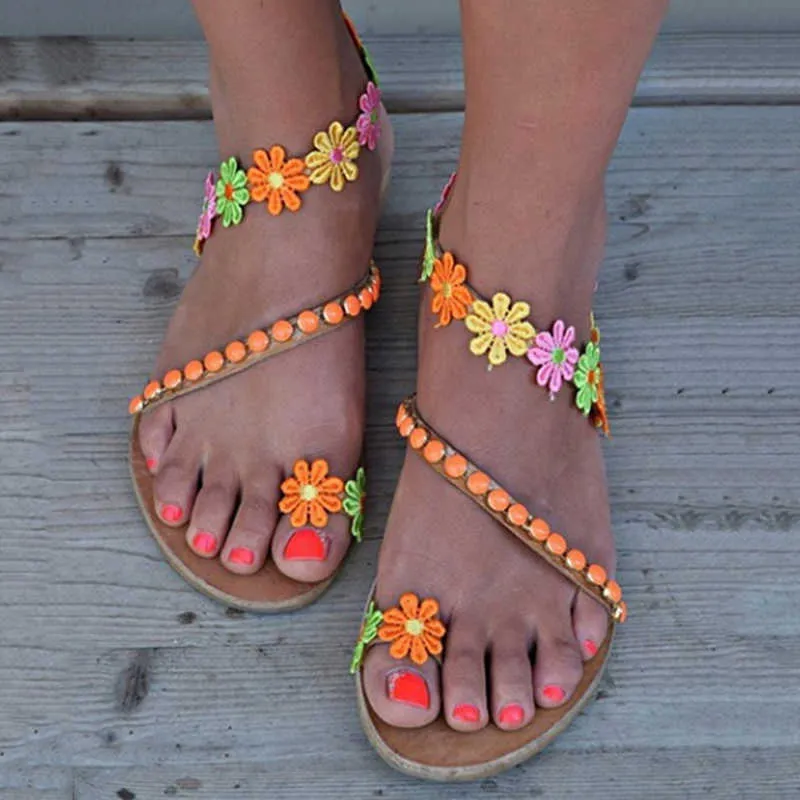 Chaussures d'été femme gladiateur sandales femmes plat mode Weet fleurs Boho plage dames 44 Y0721