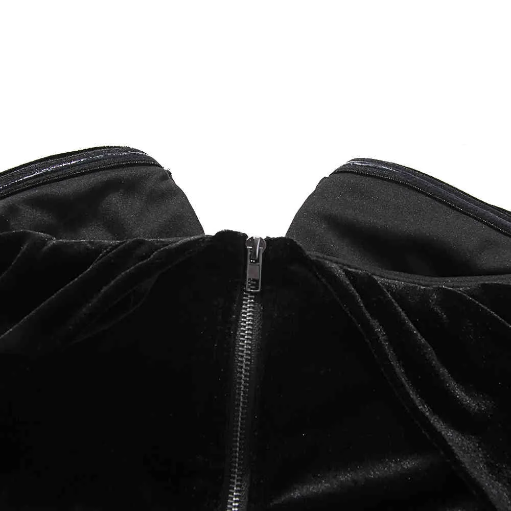 Mulheres gótico preto sexy veludo drapejado ombro espartilho top elegante vintage v neckless zipper tops y2k roupas 210517